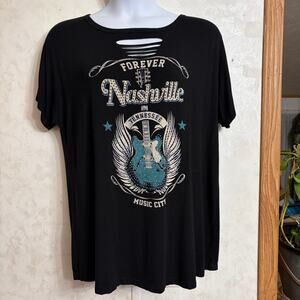 Liberty Wear Black "Forever Nashville" Winged Guiter Rhiinestone Bling Top 1X